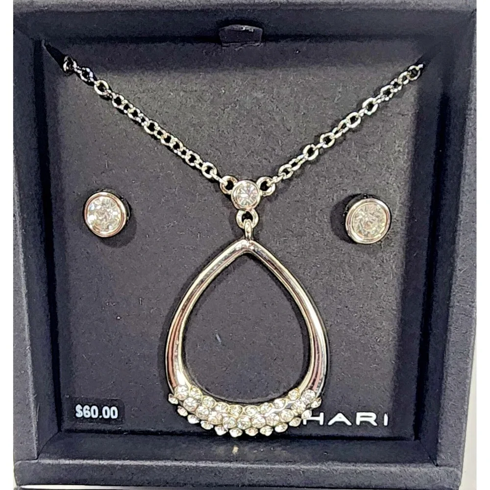 TAHARI Silver Plated Necklace W/ Round Bezel Crystal Earrings Jewelry Set NR $60